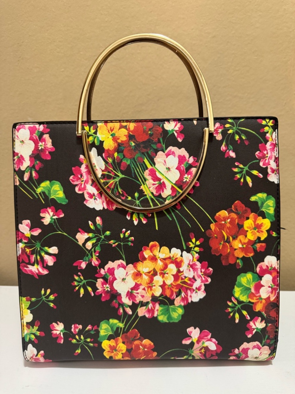 Black Floral Top-Handle Tote with Gold Ring Handles NEW